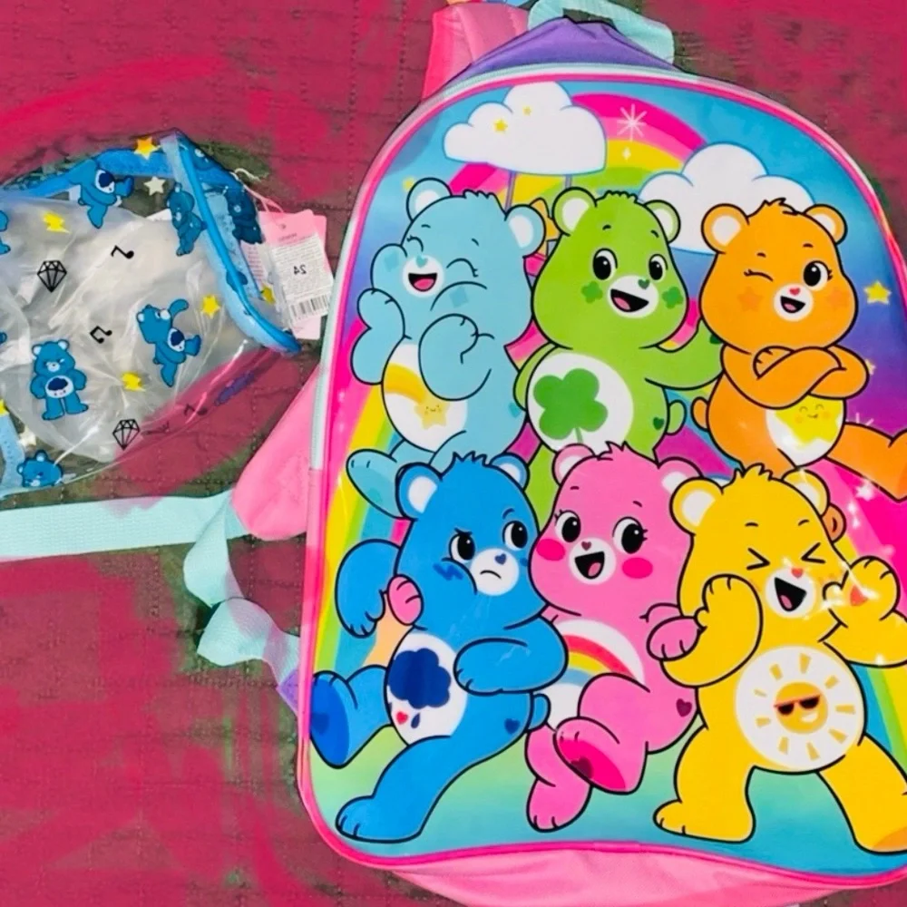 ‼️(2) piece ‼️Care Bears Colorful Fun Backpack & Grumpy Bear Zip Makeup bag
